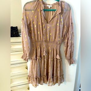 Blu Pepper gold foil and tan cinch waist dress.